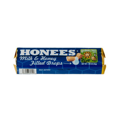 Image of Honees Milk & Honey Filled Drops, a natural and delicious snack option. Individually wrapped drops provide breath-freshening benefits.